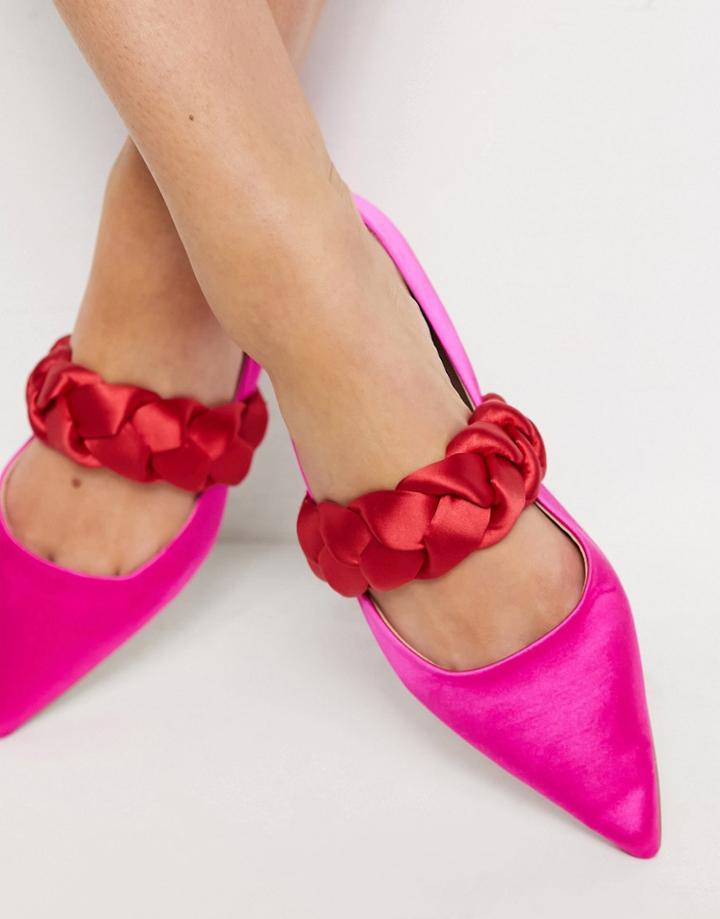 Asos Design Liberty Plaited Mary Jane Pointed Ballet Flats In Pink & Red Satin