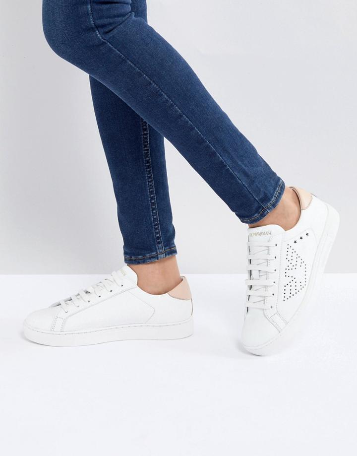 Emporio Armani Punch Hole Eagle Logo Low Top Lace Up Sneaker - White