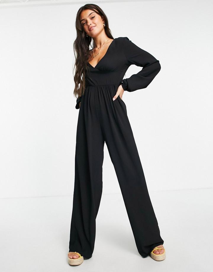 Asos Design Bubble Crepe Button Back Long Sleeve Jumpsuit In Black