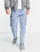 Asos Design Relaxed Tapered Cargo Jeans With Carpenter Detail In Light Wash-blue