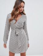 Prettylittlething Wrap Tie Waist Shirt Dress In Geo Print - Multi