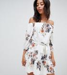 Parisian Tall Off Shoulder Floral Dress With Tie Waist And Ladder Detail - White