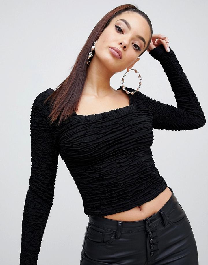 Asos Design Long Sleeve Square Neck Top In Ripple Texture-black