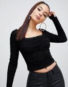 Asos Design Long Sleeve Square Neck Top In Ripple Texture-black