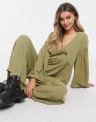 Asos Design Wrap Smock Jumpsuit With Button In Khaki-green
