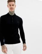 Allsaints 100% Merino Long Sleeve Polo In Black With Ramskull Logo - Gray