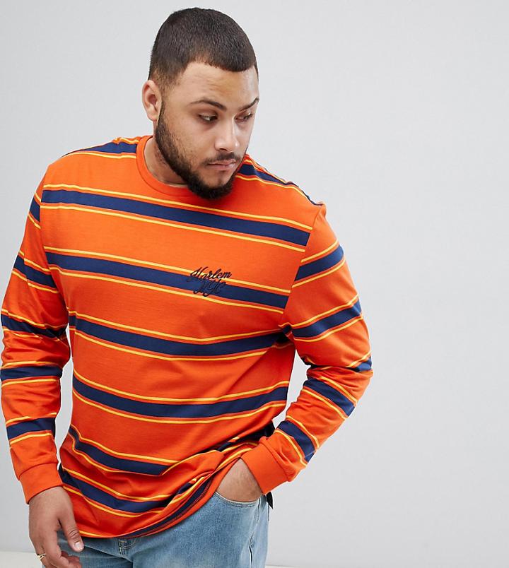 Asos Design Plus Relaxed Long Sleeve T-shirt With Orange Stripe And Embroidery