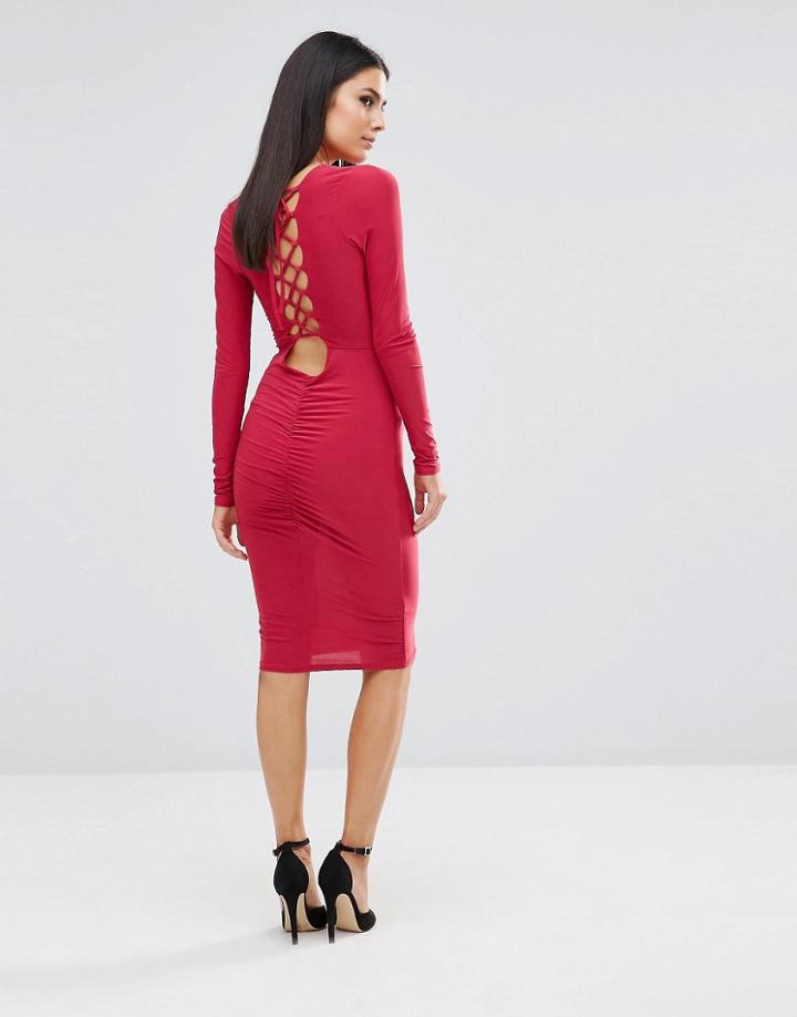 Club L Ruched Detail Midi Dress With Criss Cross Back - Red