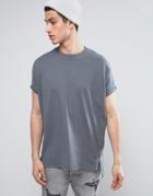 Asos Super Oversized T-shirt In Heavyweight With Roll Sleeves And Zip - Gray