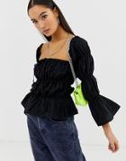 Collusion Ruched Tie Front Off The Shoulder Top - Black
