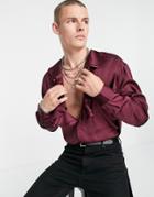 Asos Design Oversized Satin Shirt With Open Ruffle Chest In Plum-purple