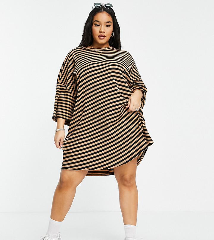 Asos Design Curve Oversized Mini Ribbed T-shirt Dress In Camel And Black Stripe-neutral