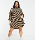 Asos Design Curve Oversized Mini Ribbed T-shirt Dress In Camel And Black Stripe-neutral