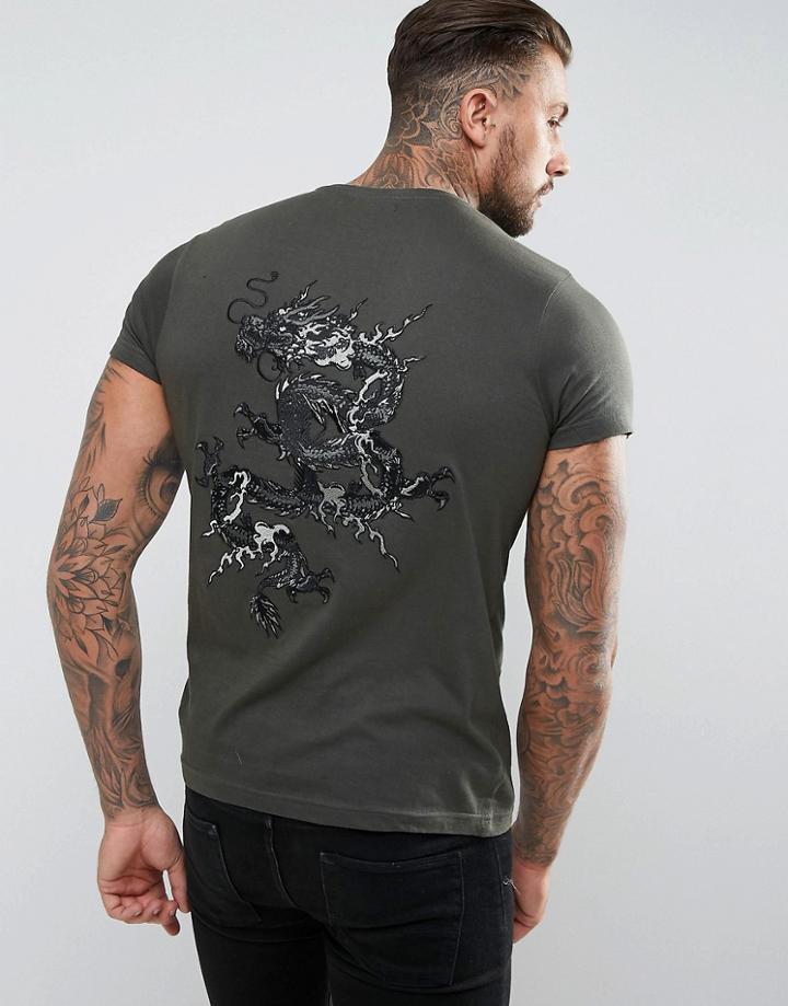 Brave Soul Back Embroidered Dragon T-shirt - Green