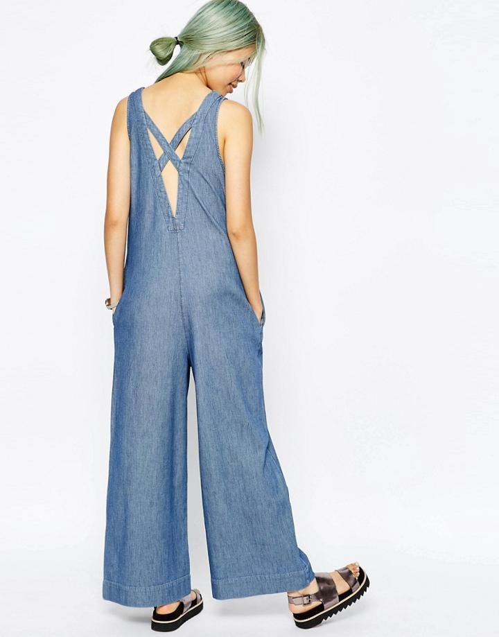 Asos Denim Premium Jumpsuit With Low Back - Midwash Blue