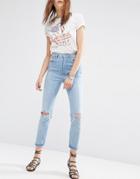Asos Farleigh High Waist Slim Mom Jeans In Sweet Mid Stonewash With Busted Knees - Midwash Blue