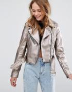 Pull & Bear Metallic Leather Look Biker Jacket - Brown