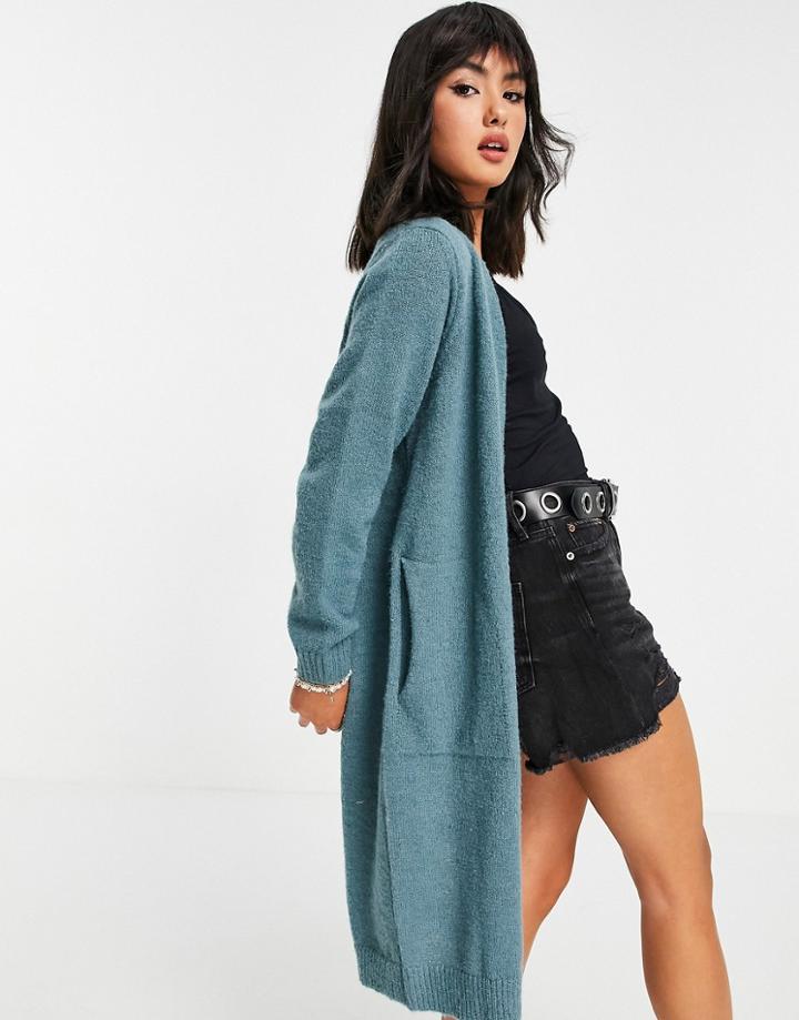 Jdy Firez Long Sleeve Longline Knit Cardigan In Blue-green