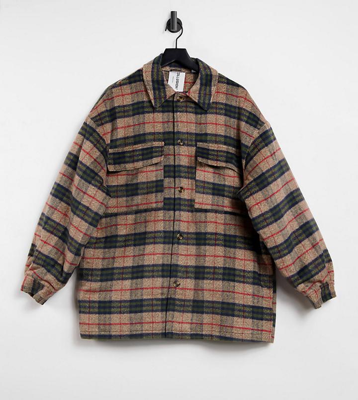 Collusion Unisex Checked Coach Jacket-brown