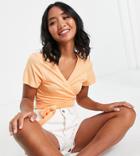 Asos Design Petite Short Sleeve Wrap In Orange