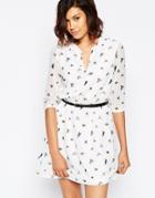 Yumi Belted Dress With 3/4 Sleeves In Bird Print - White