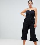 Asos Design Curve Cotton Frill Hem Jumpsuit With Square Neck And Button Detail - Black