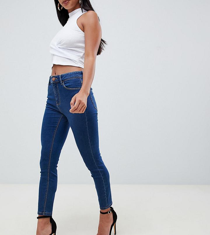Asos Design Petite Ridley High Waisted Skinny Jeans In Flat Blue Wash