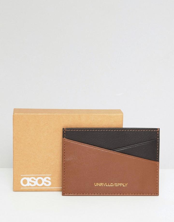 Asos Design Leather Card Holder In Brown & Tan - Brown