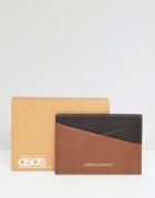 Asos Design Leather Card Holder In Brown & Tan - Brown