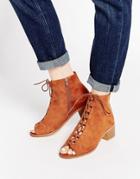 Truffle Collection Lace Up Peep Toe Ankle Boots - Tan