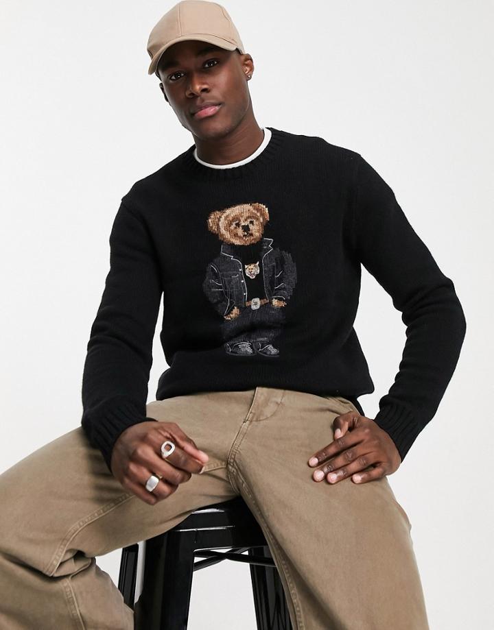 Polo Ralph Lauren Icon Bear Knit Wool Sweater In Black