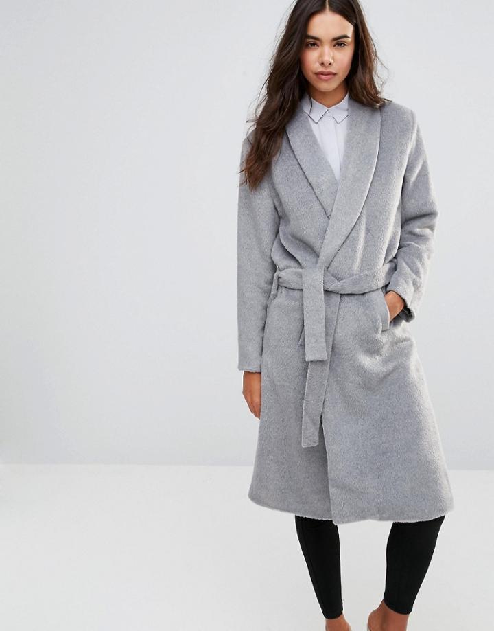 Unique 21 Robe Coat With A Waist Tie Belt - Gray