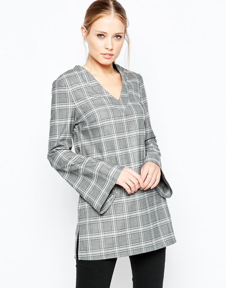 Asos V Neck Long Sleeve Tunic Top In Check - Multi