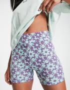 Topshop Jaquard Cropped Legging Short In Floral Checkerboard - Part Of A Set-blue
