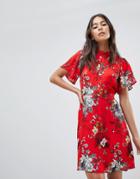 Oasis Cape Sleeve Botanical Print Skater Dress - Multi