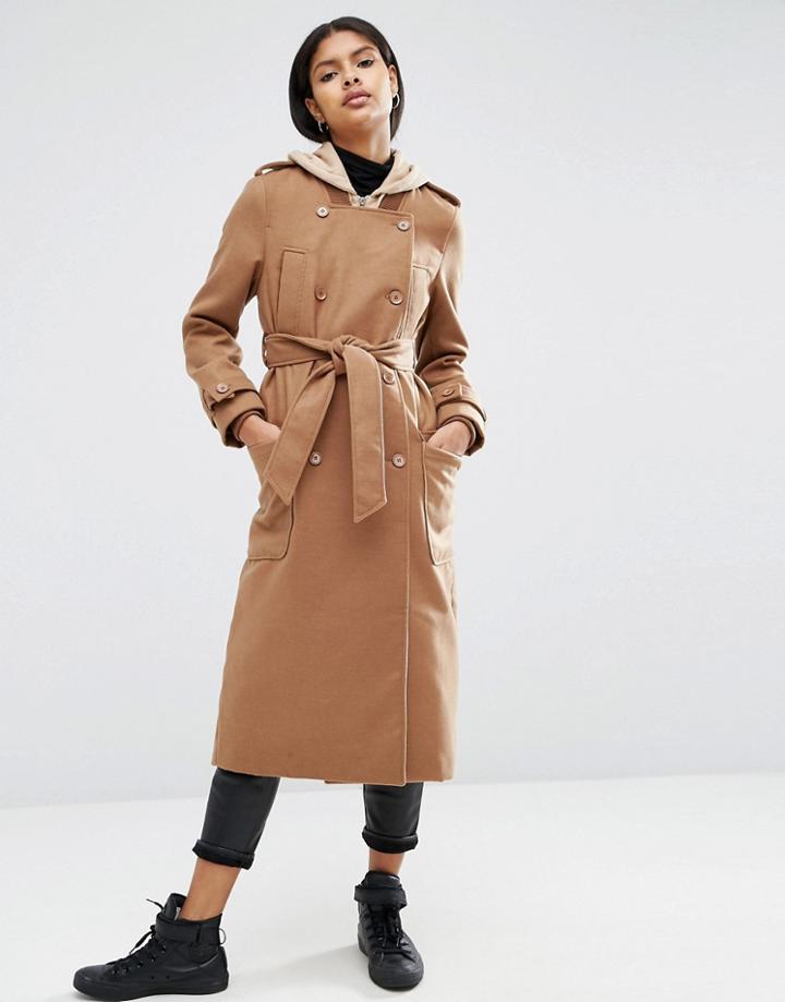 Asos Trench Coat With Jersey Hood - Brown