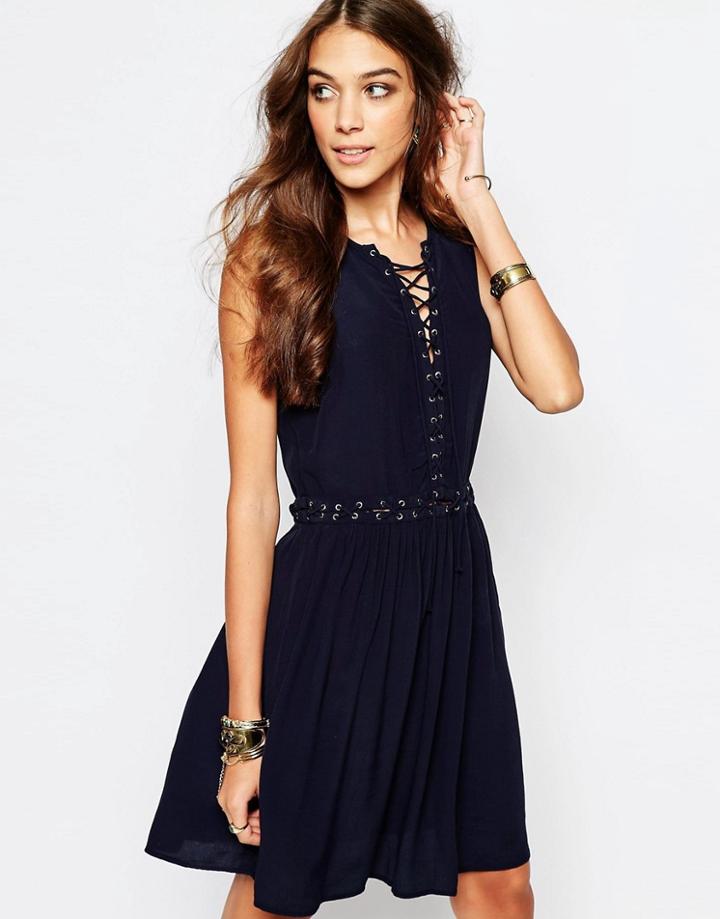 First & I Eyelet Detail Tie Up Dress - Navy