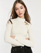 River Island Long Sleeve High Neck Safety Pin Top In Beige-neutral