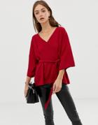 Asos Design Textured Oversized Top With V Neck And Tie Waist - Black