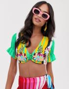 Asos Design Premium Beach Crop Top In Rainbow Stripe With Embroidery Two-piece - Multi