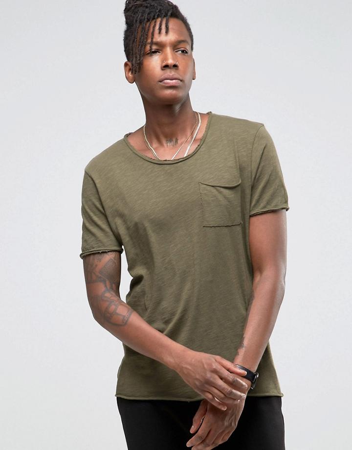 Selected Homme Longline T-shirt With Raw Edges - Green