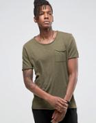 Selected Homme Longline T-shirt With Raw Edges - Green