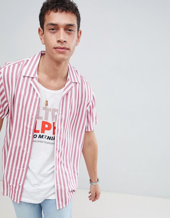 Only & Sons Striped Short Sleeve Shirt With Revere Collar - Pink