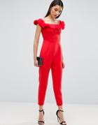 Asos Off Shoulder Jumpsuit In Scuba With Ruffle Neck Detail - Red