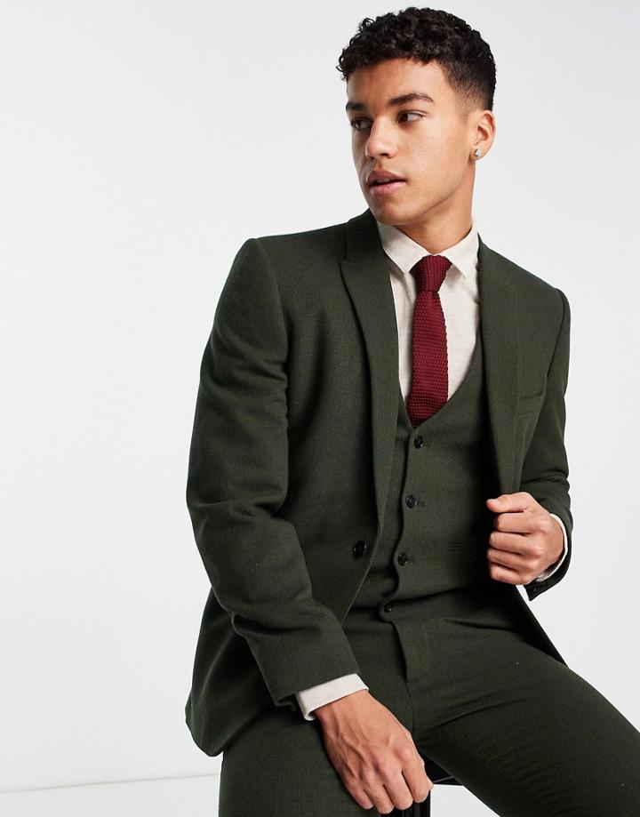Asos Design Wedding Skinny Wool Mix Suit Jacket In Dark Green Basketweave Texture