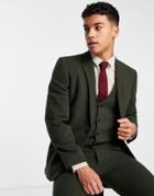 Asos Design Wedding Skinny Wool Mix Suit Jacket In Dark Green Basketweave Texture