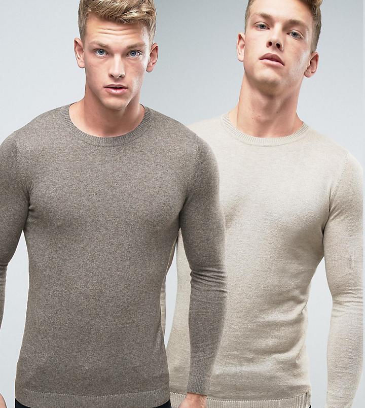 Asos 2 Pack Muscle Fit Cotton Sweater In Khaki/beige Save - Multi