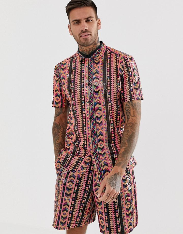 Asos Design Regular Fit Sequin Geo-tribal Shirt - Pink
