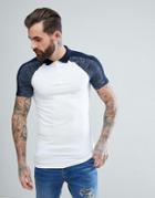 Asos Design Muscle Polo Shirt With Interest Fabric Shoulder Panels In Navy - White