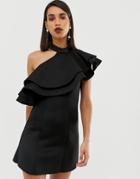 Asos Design Halter Mini Dress With Double Ruffle-black
